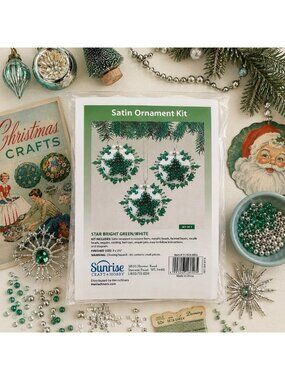 Vintage Sunrise Satin Sequin Push Pin Ornament Craft Kit Star Bright Green White